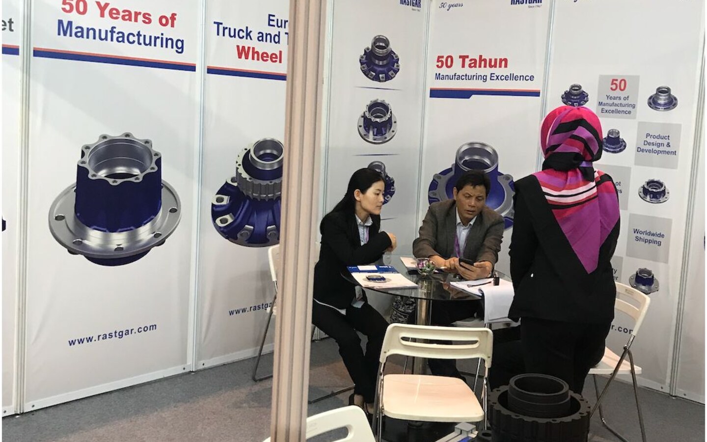 Meeting under the 50 Years of Manufacturing banner at the Rastgar Engineering stand, Automechanika Jakarta 2019