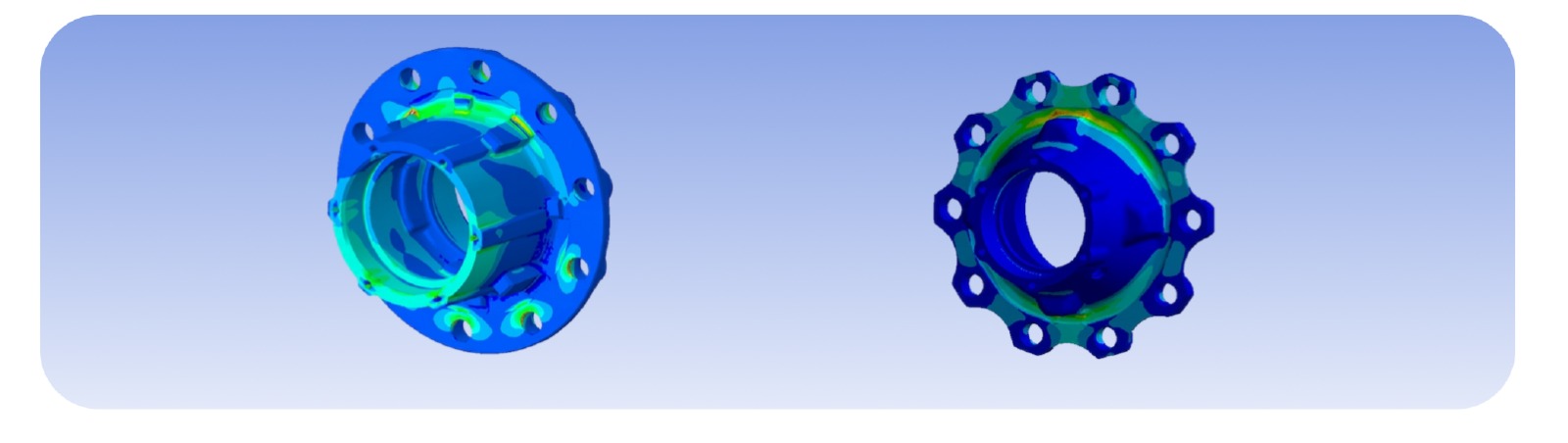 Solidification simulation of a wheel hub casting, shown as a stress colour map